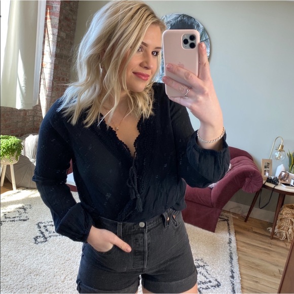 Hollister navy blue lace tie front shirt top - Picture 2 of 7